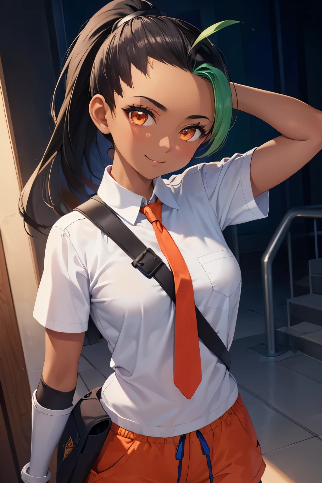 (8k, raw photo, masterpiece, extremely detailed, best quality, professional lighting, high res), BREAK beautiful and adorable girl, nemona, 1girl, (dark skin, dark-skinned female:1.5), ponytail, long hair, freckles, shirt, hair pulled back, school uniform, necktie, gloves, collared shirt, short sleeves, white shirt, fingerless gloves, orange necktie, shorts, single glove, BREAK energetic girl, elite, big smile