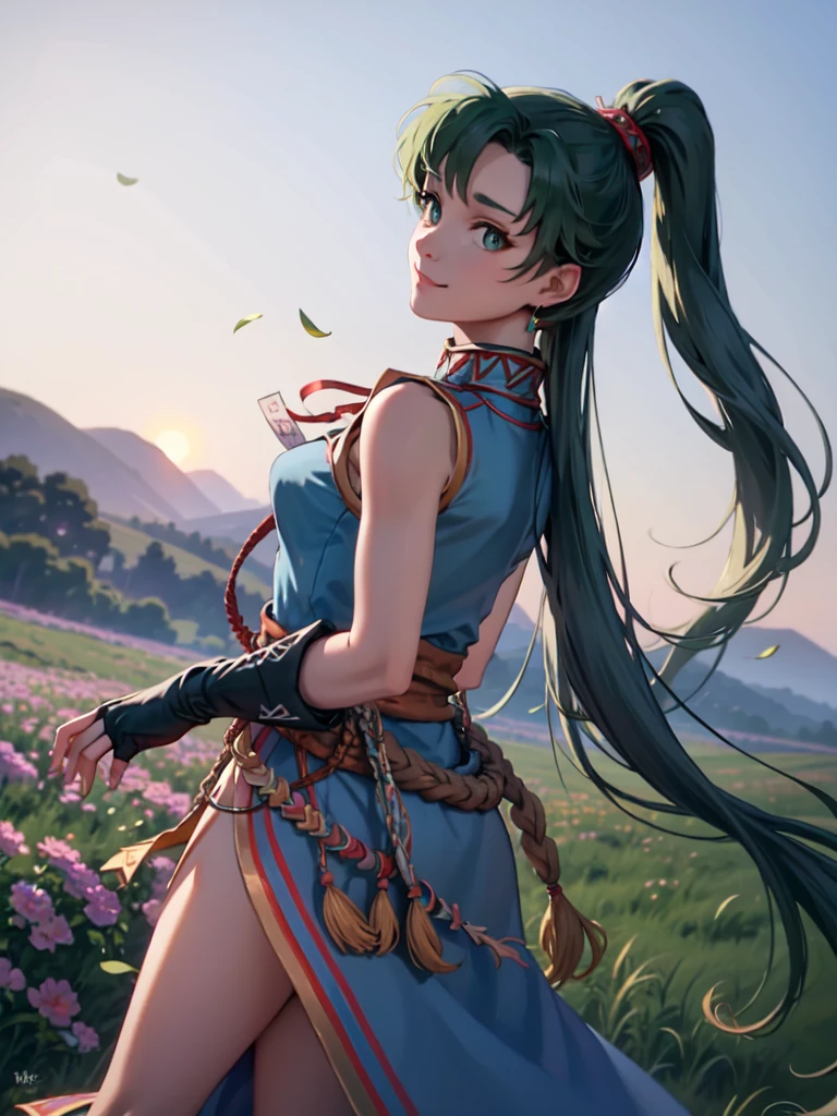  sleeveless,Armpit Show,masterpiece,  Best Quality ,  default Lyn looking at the horizon , Blue Dress,  pelvic curtain , A stack of bills, Fingerless gloves, Stand up, Looking at the horizon, Arroyo , Plains, Mountain, Hands on your back, smile, Quiet look, Flower Field