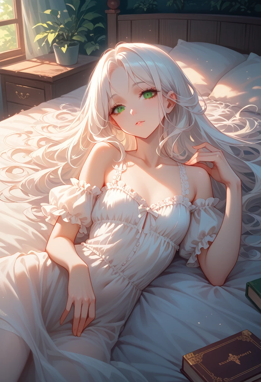 cinematic film still, score_9, score_8_up, score_7_up, anime girl, beautiful, sexy, white hair, green eyes,  Lie on the Bed with a Book in Hand , Long Fluffy Hair , beautiful Белоснежная Скатерть, Lace Clothing Is Light and Very Beautiful with Purple Overflow,  A small chest of drawers with various Carved Wood Perfumes, lacquered, bright colors, Clear Detailing, Game of Shadows, 8 k,  intricate details , masterpiece,