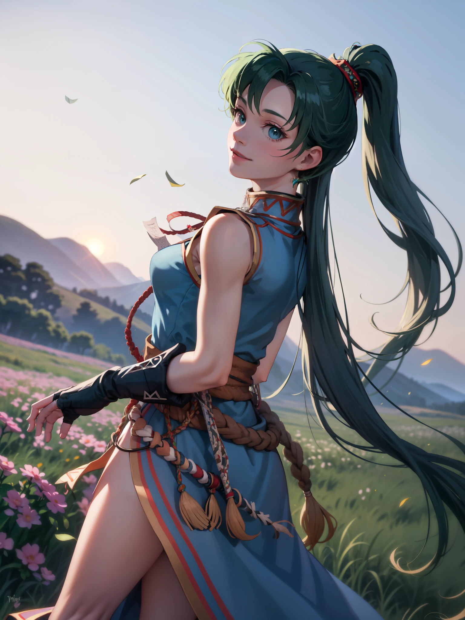 sleeveless,Armpit Show,masterpiece, Best Quality , default Lyn looking at the horizon , Blue Dress, pelvic curtain , A stack of bills, Fingerless gloves, Stand up, Looking at the horizon, Arroyo , Plains, Mountain, Hands on your back, smile, Quiet look, Flower Field