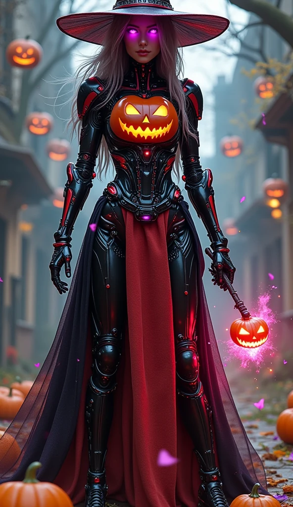 (Generated in SFW:1.8), HAPPY Halloween, Female Cyborg,  Jack O Lantern costume, Witch&#39;s Cloak,  Magic Wand, Summon lots of sweets , Seamless Integration, trick or treat, ROUGH, Halloween effects, 