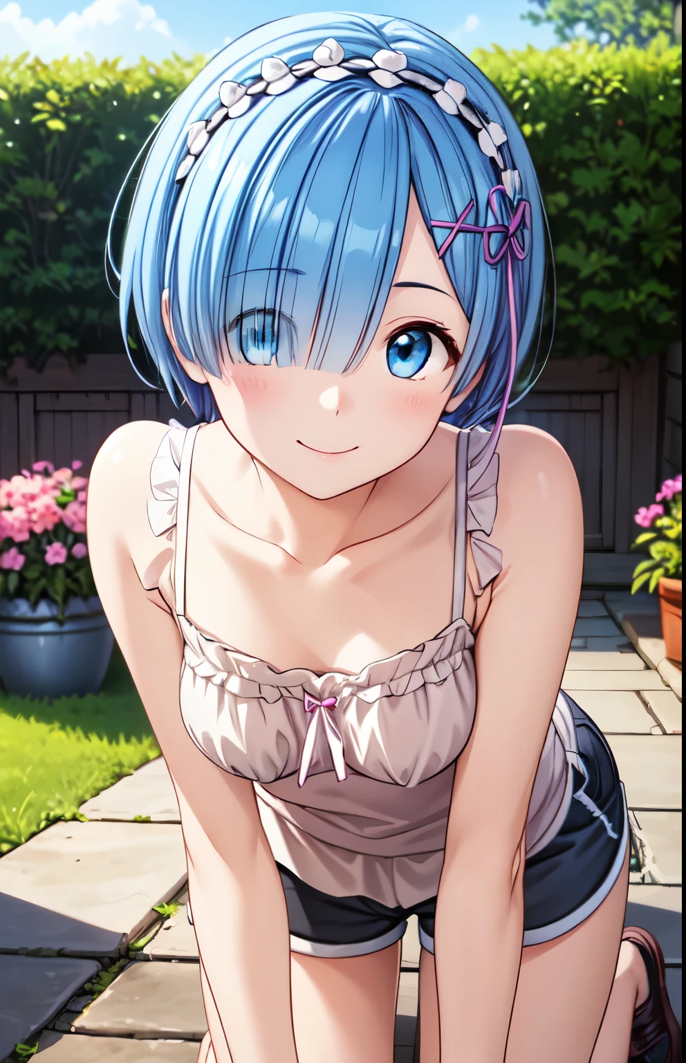  very detailed, 4K,8k,Extremely detailed CG、 High Resolution 、超 High Resolution ,　( animated illustration style )、 1 girl, Closed Mouth、smile,REM,garden、Standing, ( camisole、 shorts :1.5)、Charming light blue beautiful hair、 shortcuts 、 covering the right eye bright eyes staring at the viewer ,(Delicate eyes,blue eyes),(smile), one eye is hidden, (Cover your right eye), hair over one eye , hair accessory ,Aribon,separation_sleeves, pink_ribbon,whole body, smile、Closed Mouth、 cowboy shot、,  perfect lighting, Extremely detailed CG、 (Genuine、Realisticな、Realistic:1.2), on all fours :1.2

