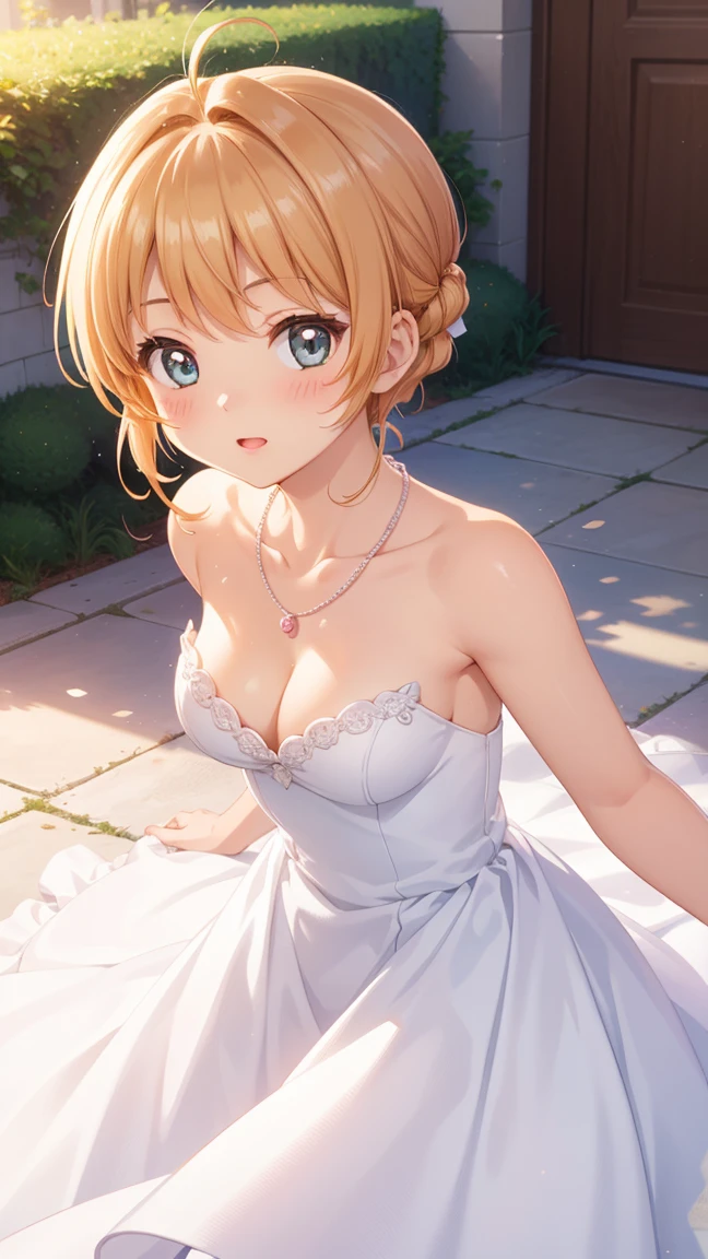 masterpiece, best quality, highres, 1girl, detailed face, blush, anime CG style, (medium breasts), (18 year old girl:1.3), (aged up), natural lighting, perfect body, sakura kinomoto, glossy lips, looking at viewer, ruffled wedding dress, cleavage, necklace