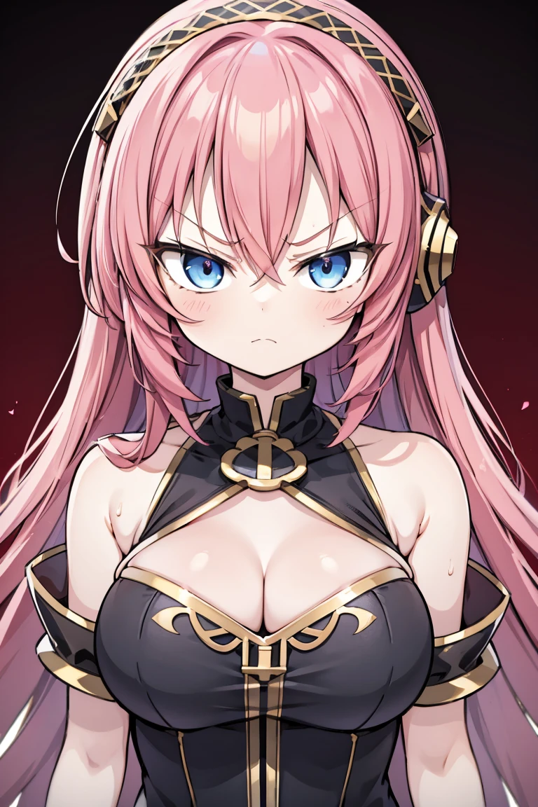 Megurine Luka, Megurine Luka in official costume, Extremely Angry Face, 1girl, pink hair, medium breast, angry, angry face, showing a closed fist at the viewer, closed fist red shiny background, blue eyes, headphone, look at the viewer, black dress