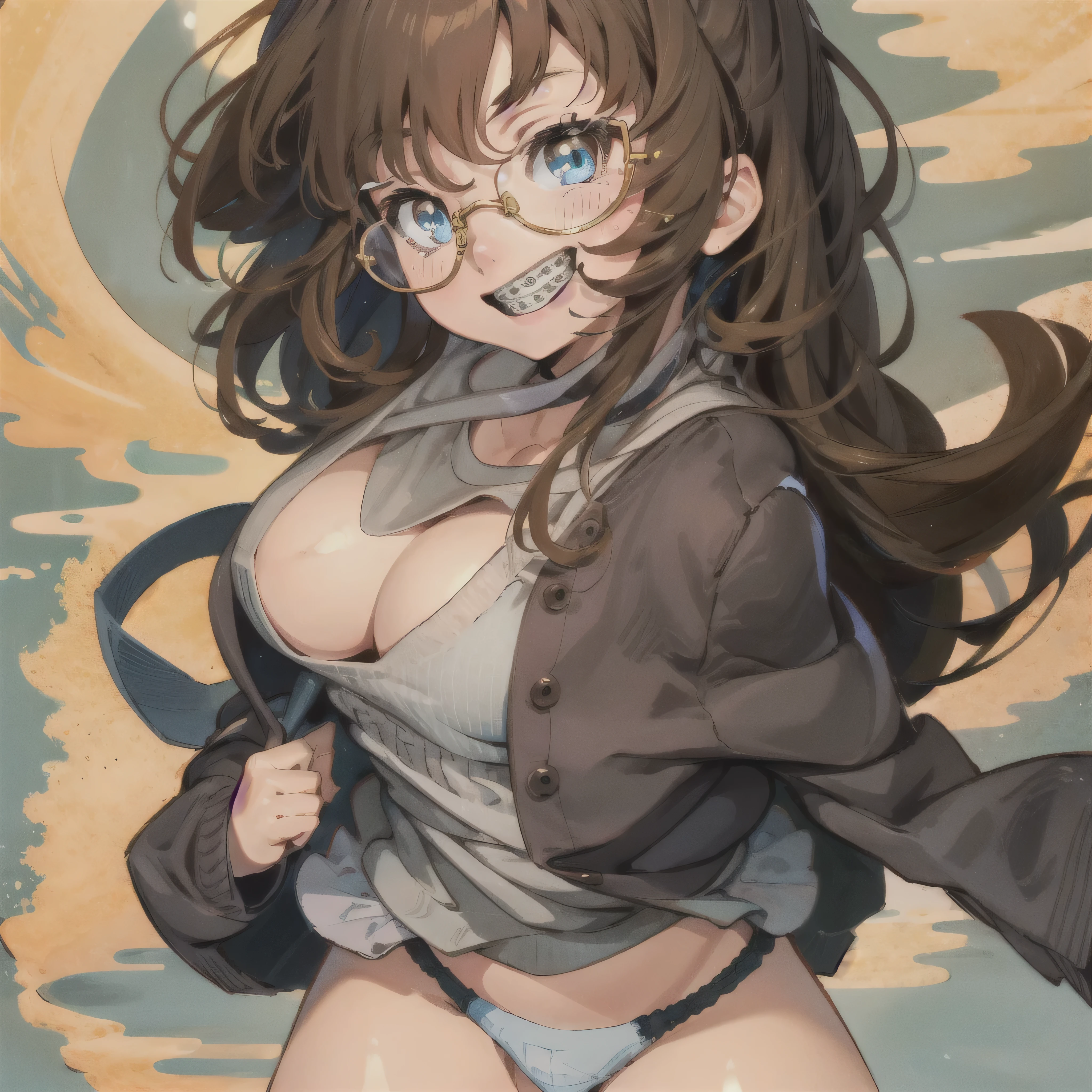 1girl, seductive eyes, braces, glasses, cute, blue eyes, blush, brown hair, smiling, braces, no bra, wearing blue panties, no pants, best quality, masterpiece, highres
