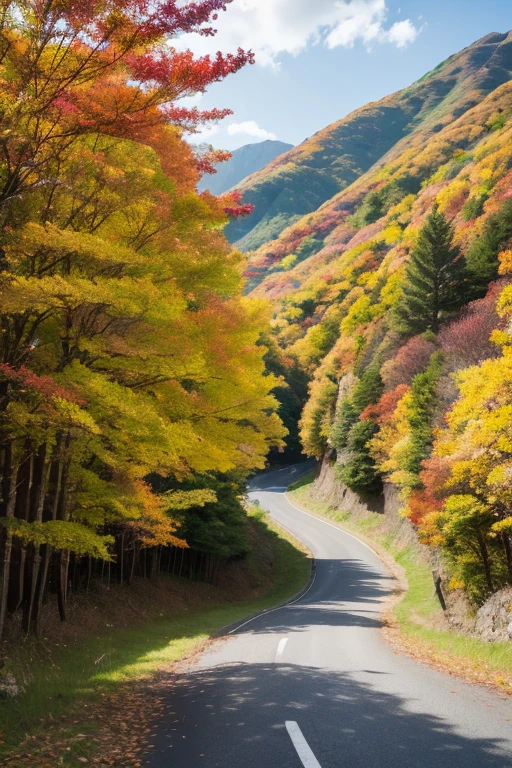 8k,4K,Masterpiece、、beautiful girl、Mountain road with autumn leaves、hiking