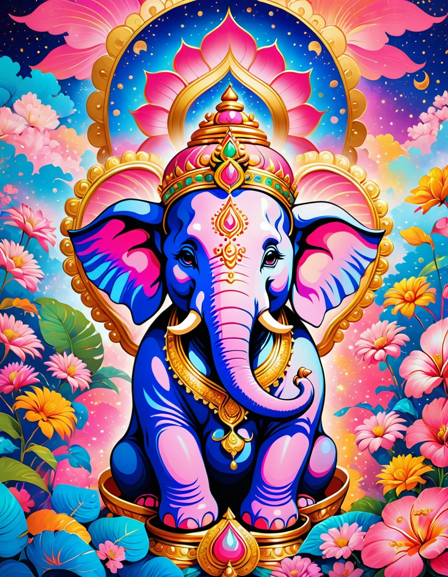 (masterpiece, best quality:1.2), In digital art style, charming illustration,peaceful picture,lord Ganesha, elephant face, huge stomach,indian god, hindu hod God ganesha, on lotus leaf,alone,body glow,Glowing lines,fluorescence,glow example,Example tracking,flash,萤light particles,Backlight,Translucent,light particles,Correct human ???????,
