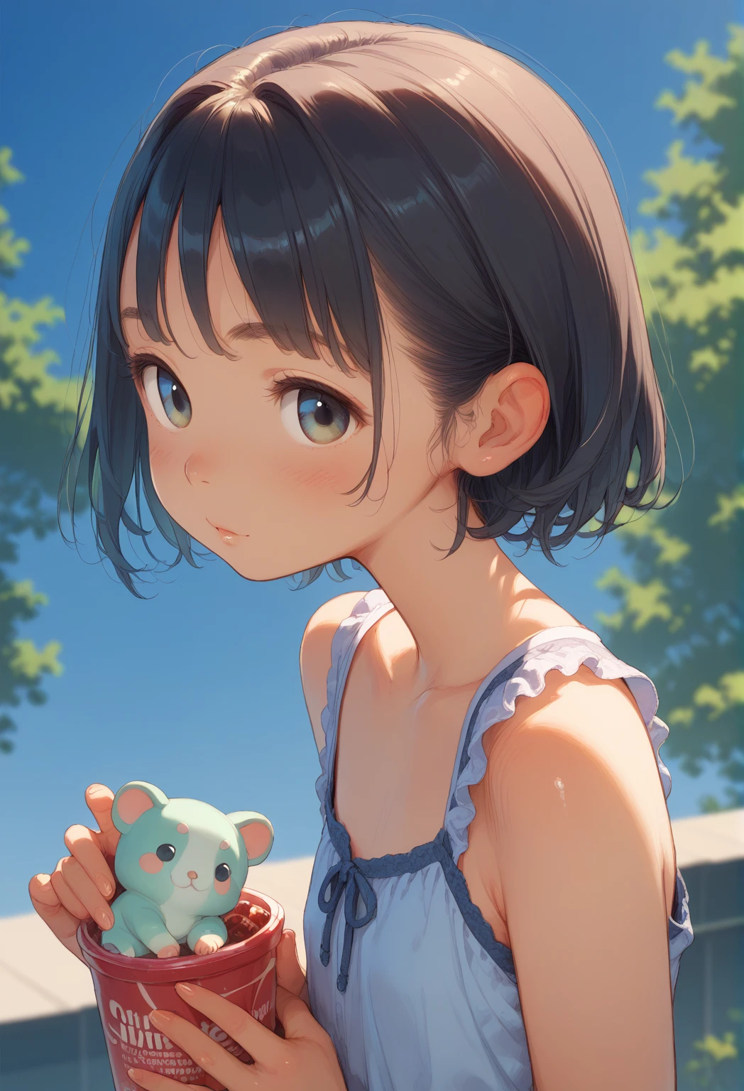  best quality, Beautiful detailed backgrounds , Cinema Lighting, Cute face， baby face、 flat chest、Young girl、Small body、 Gym clothes、Summer blue sky、Viewer&#39;s perspective