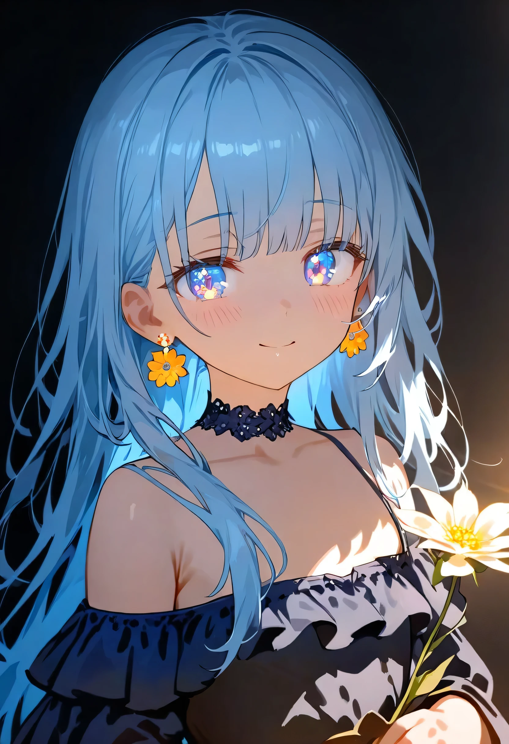 masterpiece, best quality, extremely detailed, (illustration, official art:1.1), 1 girl ,(((( light blue long hair)))), ,(((( light blue long hair)))),light blue hair, , long hair ((blush)) , cute face, big eyes, masterpiece, best quality,(((((a very delicate and beautiful girl))))),Amazing,beautiful detailed eyes,blunt bangs((((little delicate girl)))),tareme(true beautiful:1.2), sense of depth,dynamic angle,,,, affectionate smile, (true beautiful:1.2),,(tiny 1girl model:1.2),)(flat chest) ,(Girl with a flower earring), 1 girl, solo, shine blue eyes, blue and yellow flower, Dark dress, portrait, black background, Cinematic lighting, Chiaroscuro, Rembrandt portrait, The light and darkness of intense light and shadow, Overall dark brown and dull shades, dynamic lighting,,,((big flower earrings,Gypsophila))