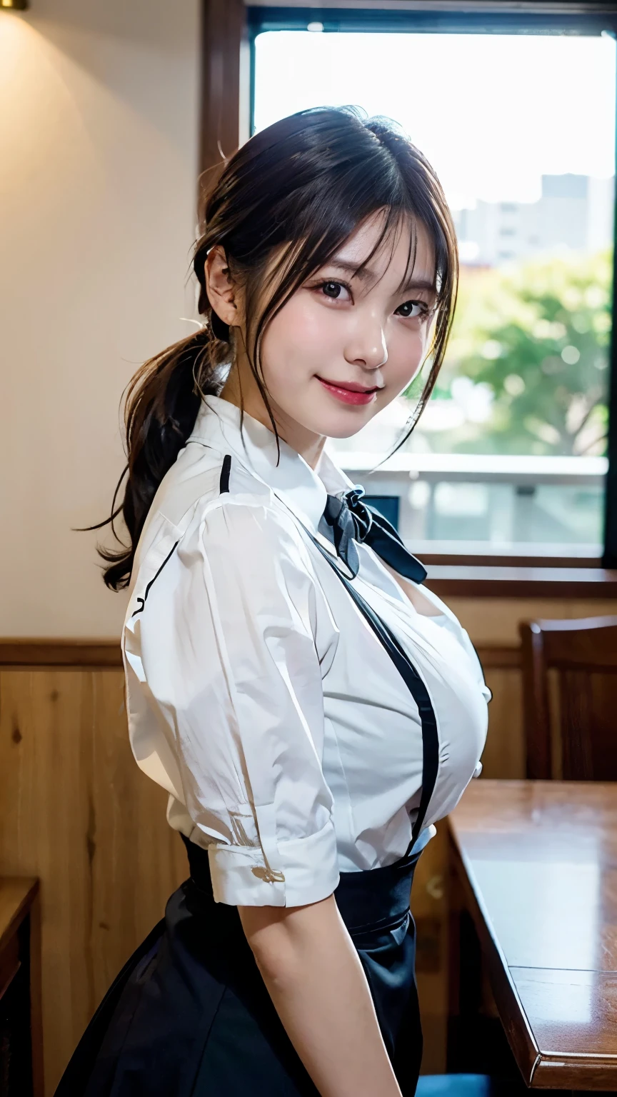 (highest quality, masterpiece:1.3, 超A high resolution), (Super detailed, Caustics), (Realistic:1.4, RAW shooting), Ultra-Realistic Capture,Very detailed,High resolution 16k, Human skin close-up, The skin texture is natural, It must be detailed enough to be easily identifiable.。 Skin should look healthy and have an even tone。 Use natural light and color, restaurant, Waitress Uniform, 1 girl, Japanese, 18-year-old, cute, Medium Hair, Big Breasts, smile, Turn your body forward, (View from the front:1.1), Looking into the camera, (Cowboy Shot), vision, focused on the chest, Brown Hair, Black choker, Lots of long eyelashes, blue eyes, bangs、Beef steak on a tray