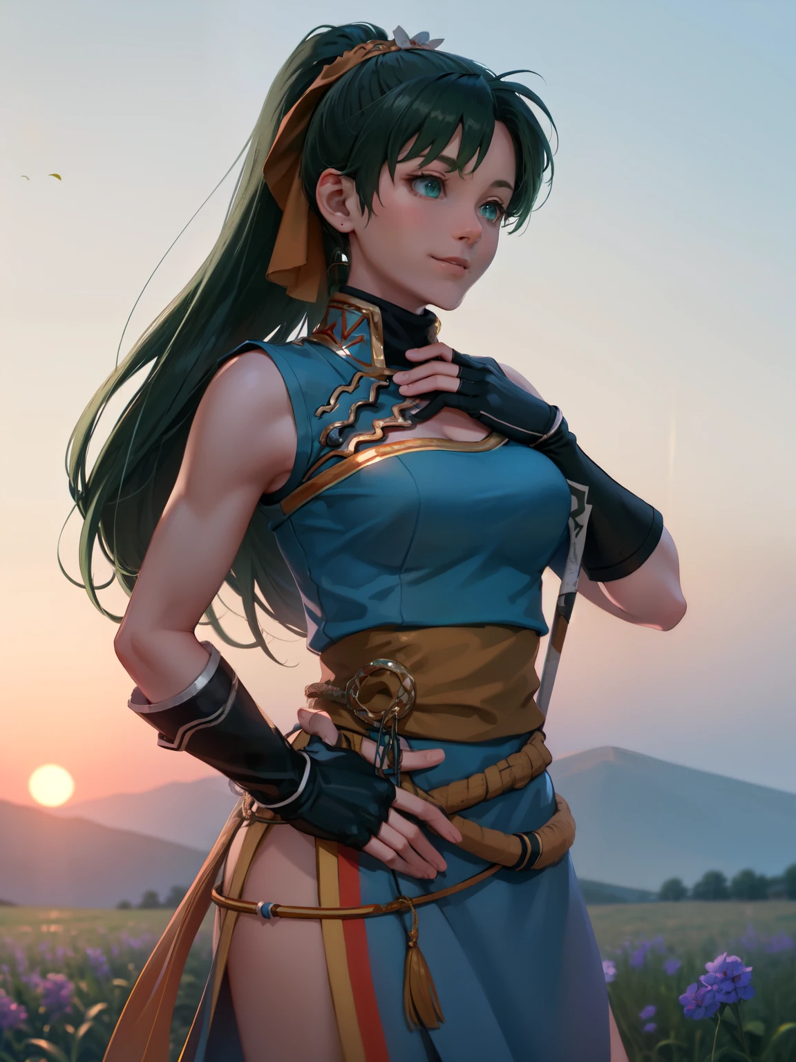 ( sleeveless),Armpit Show, cleavage,Big Breasts,masterpiece,  Best Quality ,  looking at horizon , Blue Dress,  pelvic curtain , A stack of bills, Fingerless gloves, Stand up, Looking at the horizon, Arroyo , Plains, Mountain, Default Lyn with hands on back , smile, Quiet look, Flower Field