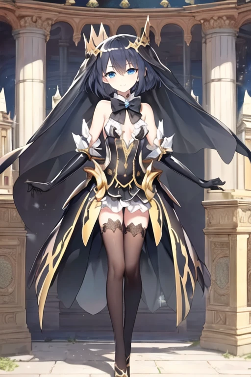 masterpiece, best quality, 1girl, tobiichi origami angel, blue eyes, solo, standing, crown, black hair, short hair, bangs, hair between eyes, black veil, looking at viewer, smile, bare shoulders, cleavage, small breasts, detached sleeves, elbow gloves, black bow, black bowtie, (black dress:1.2), black gloves, black thighhighs, center opening, , (full body art ), standing , latex skin , shrine background , on pedestal