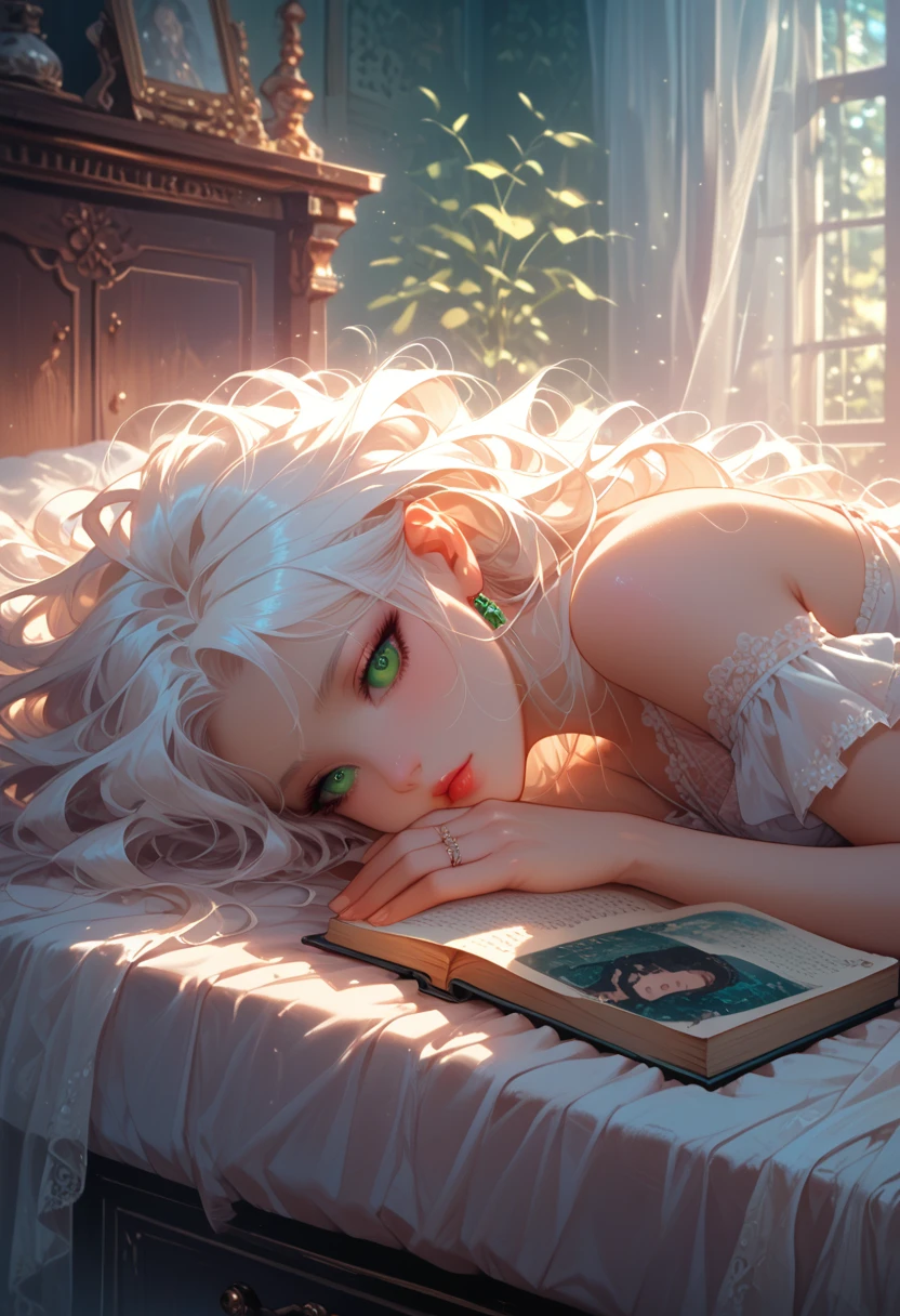 cinematic film still, score_9, score_8_up, score_7_up, anime girl, beautiful, sexy, white hair, green eyes,  Lie on the Bed with a Book in Hand , Long Fluffy Hair , beautiful Белоснежная Скатерть, Lace Clothing Is Light and Very Beautiful with Purple Overflow,  A small chest of drawers with various Carved Wood Perfumes, lacquered, bright colors, Clear Detailing, Game of Shadows, 8 k,  intricate details , masterpiece,