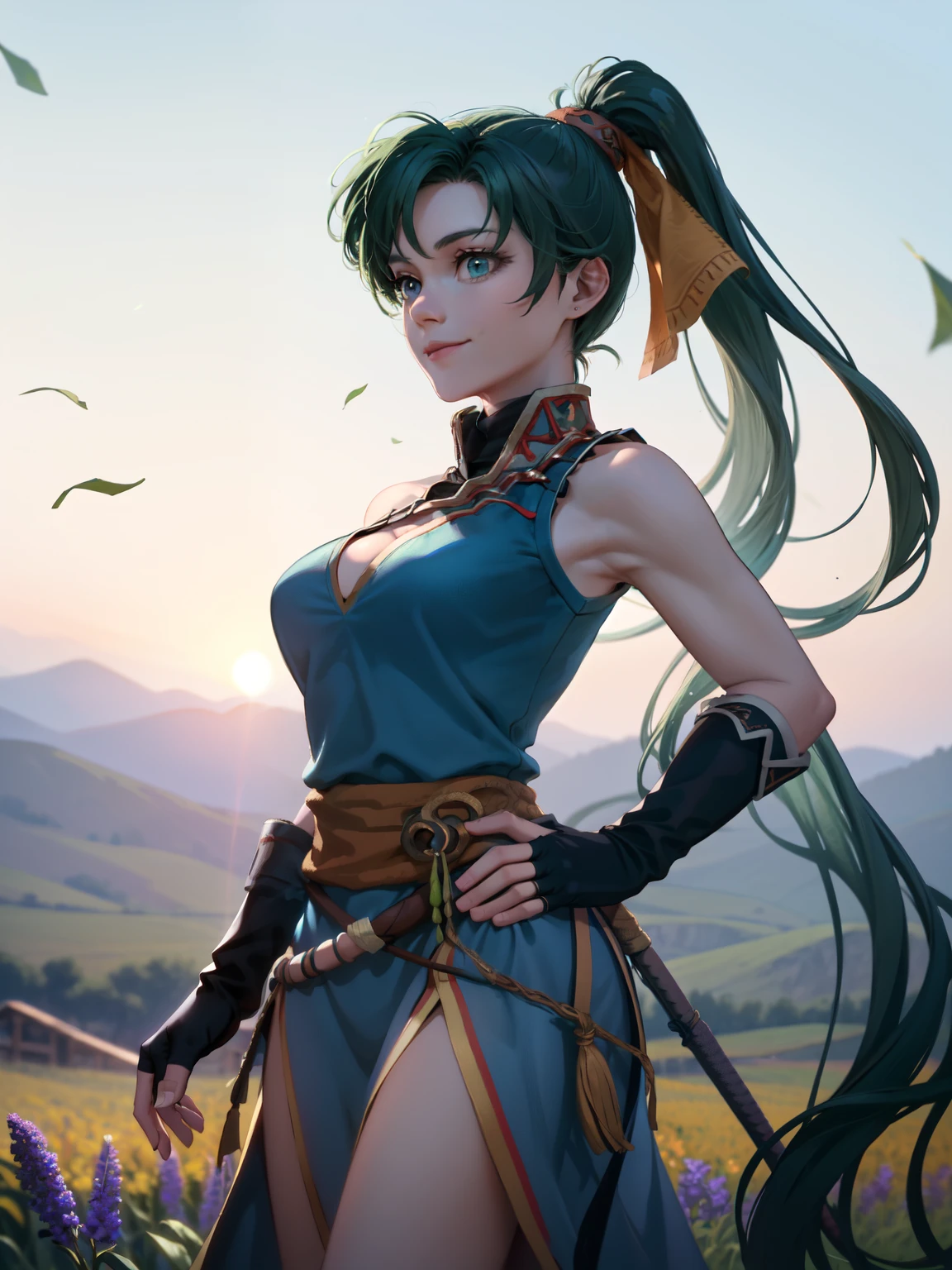 ( sleeveless),Armpit Show, cleavage,Big Breasts,masterpiece, Best Quality , default Lyn looking at the horizon , Blue Dress, pelvic curtain , A stack of bills, Fingerless gloves, Stand up, Looking at the horizon, Arroyo , Plains, Mountain, Hands on your back, smile, Quiet look, Flower Field