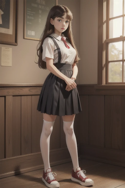    Cute young  beautiful  schoolgirl pioneer,  beautiful cute  face ,  black pleated  pinafore dress  ,  transparent white blouse , red tie, brunette long hair, beautiful eyes. stockings,  Sneakers, pioneer schoolgirl - standing in the summer camp ,   photorealistic , sad face, curvy figure