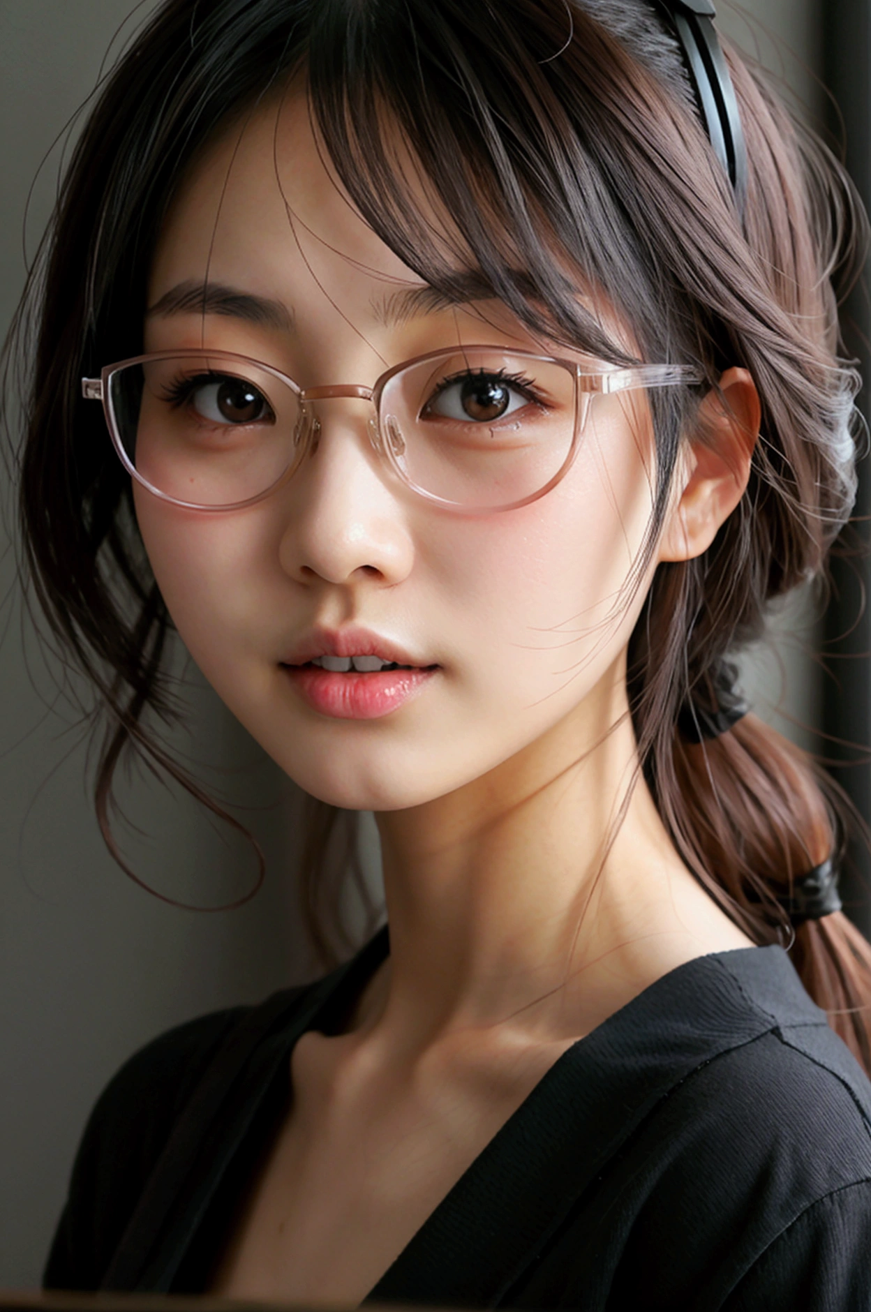 (1 Girl)、(Beautiful Japanese、24years old,round face、Refreshing、clear、seems kind、stylish、Pitiful、cute like an angel、cute、black eyes、,actress,Almond-shaped eyes,Translucent white skin、Beautiful skin), Good style , (Beautiful big breasts:1.2),(soft breasts),(very cute),{(Broun hair),(updo),(Bangs is deep side part),(tendrils)},(enchanting eyes),(highlight on eyes:1.2)、(rimless glasses),(8K、Live shooting、highest quality、masterpiece:1.2、optimal lighting)、((masterpiece)),(Photo taken by a professional photographer),(real、photo real:1.4),break,{ (Sexy Dress)},(cleavage:1.2)},( Serious face),(tears:1.3),(cheeks are red:1.2), break, break,Old hospital,Face shot:1.3、looking at viewer, face close-up,Looking up、sitting、Feeling embarrassed、Tears flowing,tearful,(closed eyes)、Embarrassed face