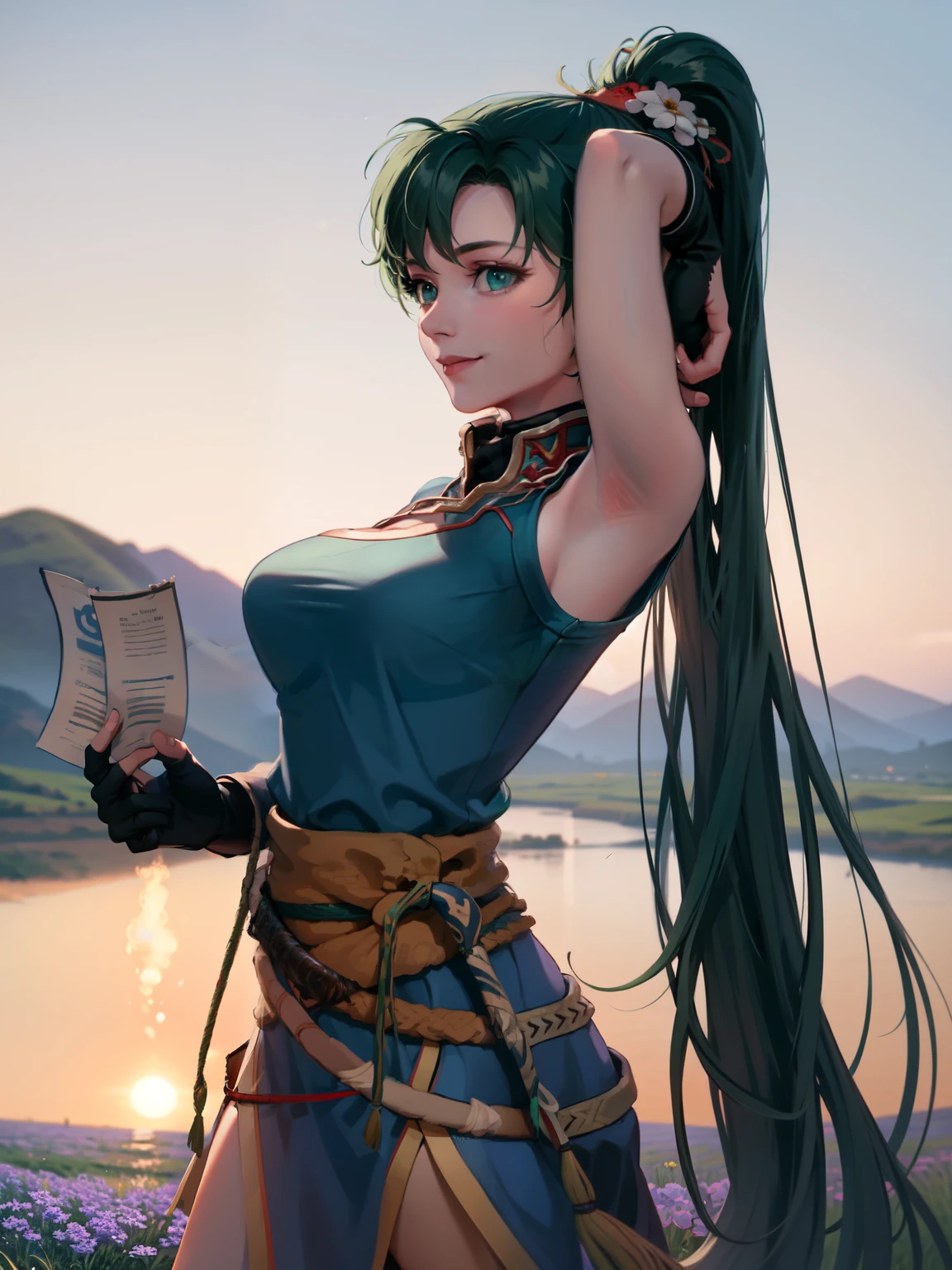 ( sleeveless),Armpit Show, cleavage,Big Breasts,masterpiece,  Best Quality ,  default Lyn looking at the horizon , Blue Dress,  pelvic curtain , A stack of bills, Fingerless gloves, Stand up, Looking at the horizon, Arroyo , Plains, Mountain, Hands on your back, smile, Quiet look, Flower Field