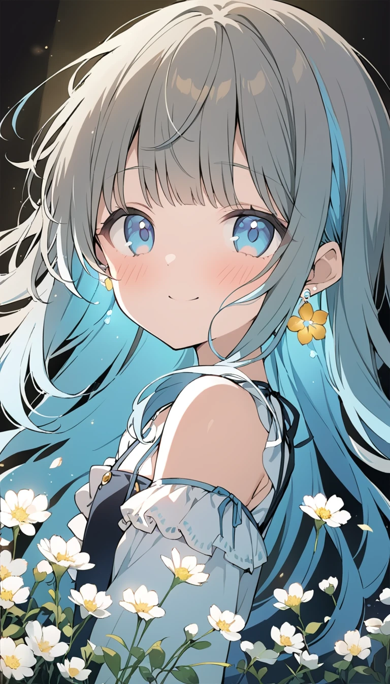 masterpiece, best quality, extremely detailed, (illustration, official art:1.1), 1 girl ,(((( light blue long hair)))), ,(((( light blue long hair)))),light blue hair, , long hair ((blush)) , cute face, big eyes, masterpiece, best quality,(((((a very delicate and beautiful girl))))),Amazing,beautiful detailed eyes,blunt bangs((((little delicate girl)))),tareme(true beautiful:1.2), sense of depth,dynamic angle,,,, affectionate smile, (true beautiful:1.2),,(tiny 1girl model:1.2),)(flat chest) ,(Girl with a flower earring), 1 girl, solo, shine blue eyes, blue and yellow flower, Dark dress, portrait, black background, Cinematic lighting, Chiaroscuro, Rembrandt portrait, The light and darkness of intense light and shadow, Overall dark brown and dull shades, dynamic lighting,,,((big flower earrings,Gypsophila))
