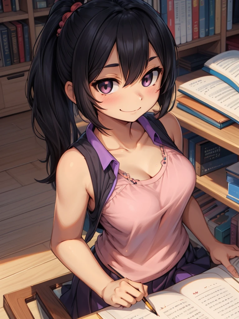 masterpiece, 1girl, medium breasts, solo, araragi karen, hair ornament, egg hair ornament, side ponytail, black hair, food-themed hair ornament,looking at viewer, long hair, (black eyes:1.1), purple skirt, sleeveless, pink shirt, homework, books, holding pencil, smirk