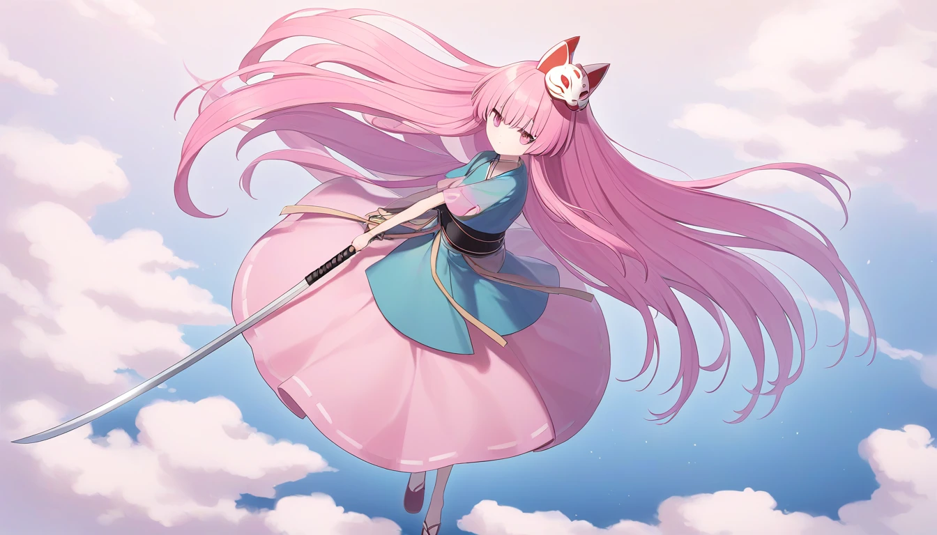 　  I'm carrying very long pink hair and a large round bulging pink skirt of Naginata  、　 Pink Eyes 　Turquoise clothes 、   　girl、 light blue naginata seen from the top right  、expressionless、   holding a naginata with a fox mask on the right side of my head　 nothing grows on my head  　View from top right 