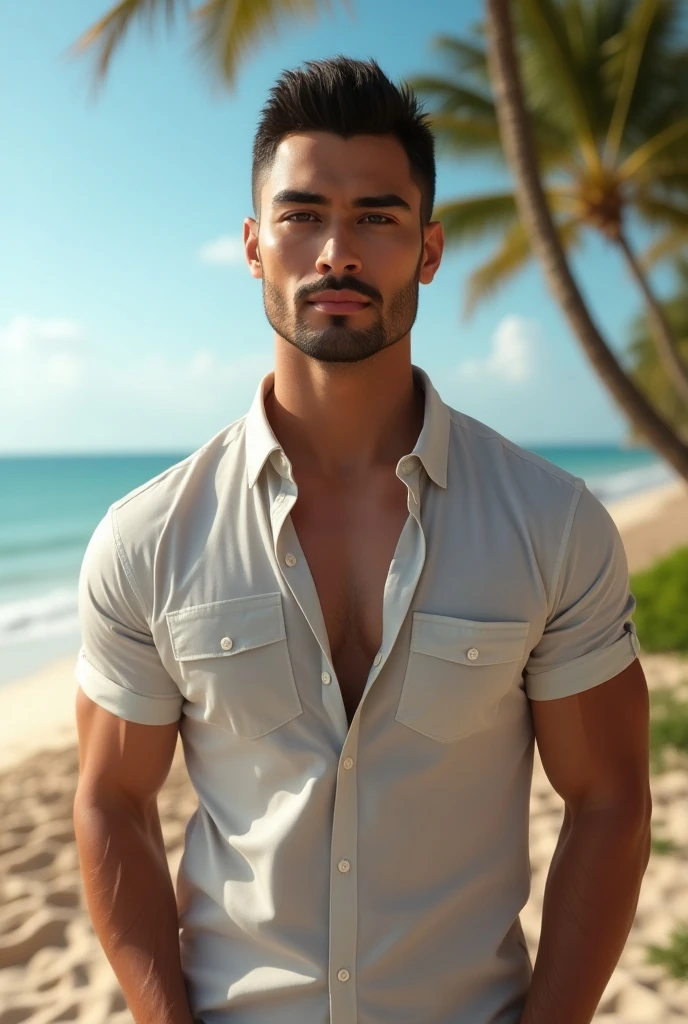 A handsome and attractive man with a more masculine appearance, short straight hair slicked back, brown eyes, and lightly tanned skin. He has a slightly fuller face, capturing fine details and lifelike expressions. The setting is a postcard-worthy region of Dubai, specifically on a beach, featuring iconic landmarks and the opulent architecture of the city in the background.