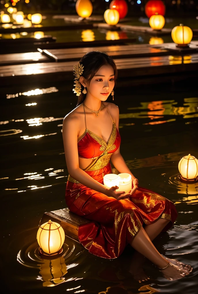Masterpiece,Thai Loy Krathong Festival, lighting, beautiful,8K, best quality