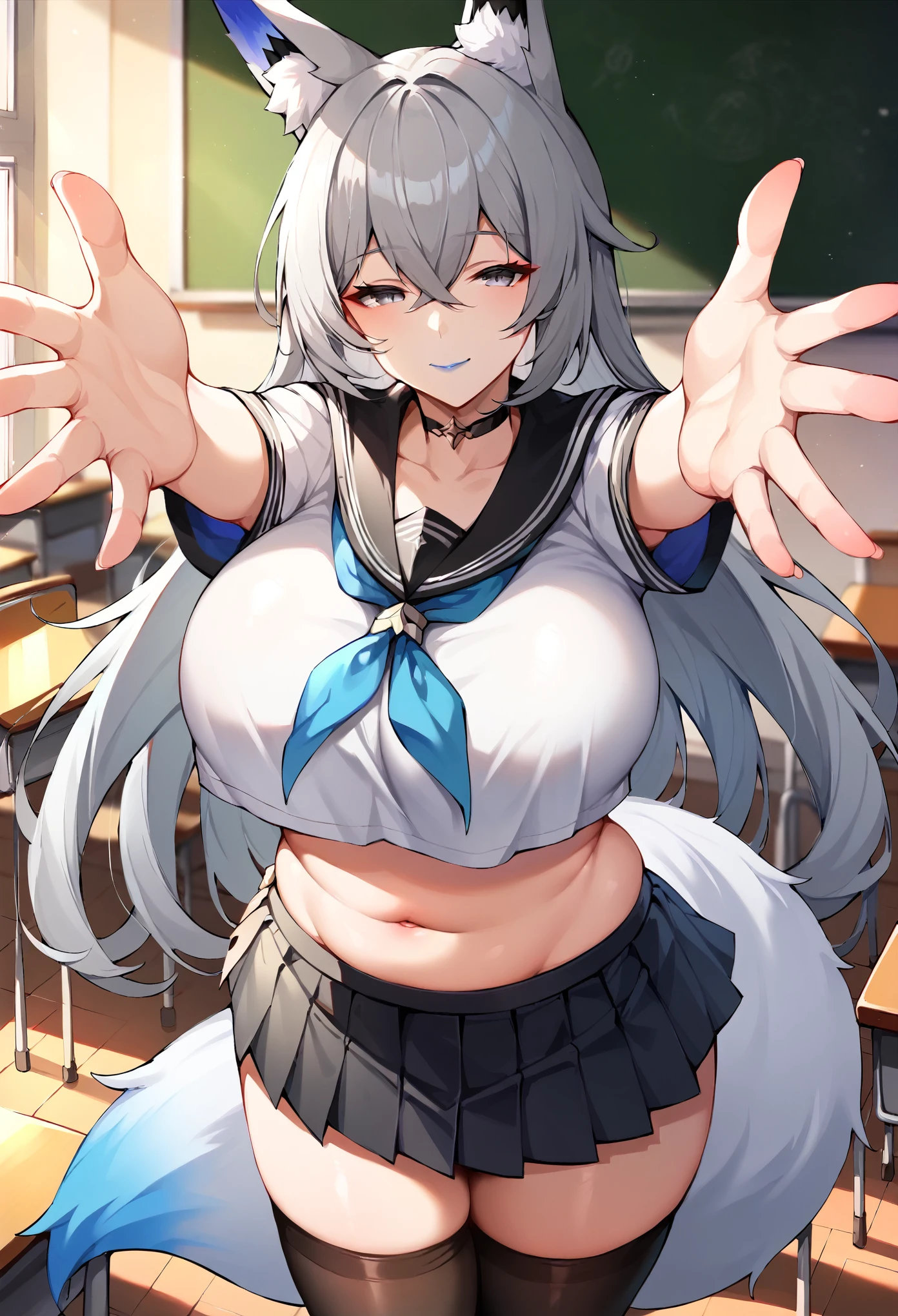 masterpiece, score_9, score_8_up, score_7_up, 1girl, milf, solo, monster girl, (kitsune:1.3), (plump), bronya \(honkai: star rail\), (large breasts:1.9), (((grey hair), long hair, crossed bangs, long sidelocks, grey eyes, half-closed eyes, fox ears, fox tail)), blue lips, ((choker, seifuku, black sailor collar, crop top, navel, mini skirt, thighhighs)), ((light smile), closed mouth), ((beckoning, outstretched arms, classroom))