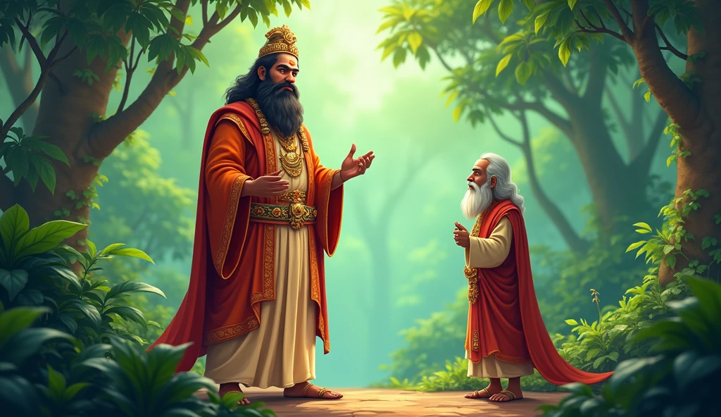 a painting of a man sitting next to a man in a chair, inspired by Ram Chandra Shukla, from ramayan, granting him a noble title, beautiful depiction, inspired by Raja Ravi Varma, hindu stages of meditation, hindu aesthetic, tithi luadthong, seated in royal ease, traditional art, love of wisdom, by Daryush Shokof