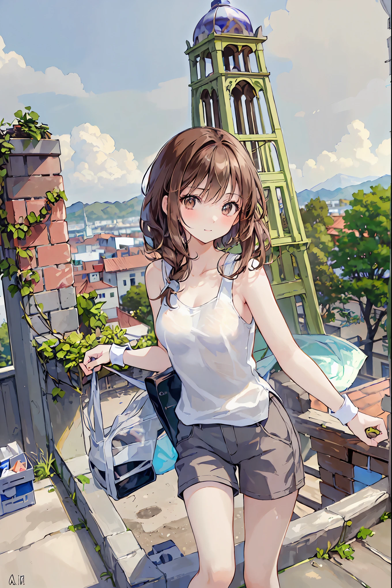 ((masterpiece)), (Anime:1.5), (( best quality)), (RAW Photos:1.2), ( High Resolution :1.3), ( professional photography :1.2), ( chromatic aberration ), One Girl, (()), (Serious), (Beautiful brown eyes:1.3), viewers, Plain Shirt, O-ring, Messy Hair, medium hair , ( putting her hands inside her pants ), ((Take off your work pants)), 明るいBrown Hair, (Small breasts), Cute waist, Outdoor, ((Top of the big bell tower)),Brown Hair, shortcuts,My hair is messy,Short braided hair,Neat,Slender beauty,Hall々A positive attitude,Small breasts,Beautiful legs,Her enchanting grey-blue eyes shine like stars.,Vibrant colors, beautiful eyes,A delicate smile, textured skin, best qualityのものが最高, gentle and beautiful woman ,Anime風、