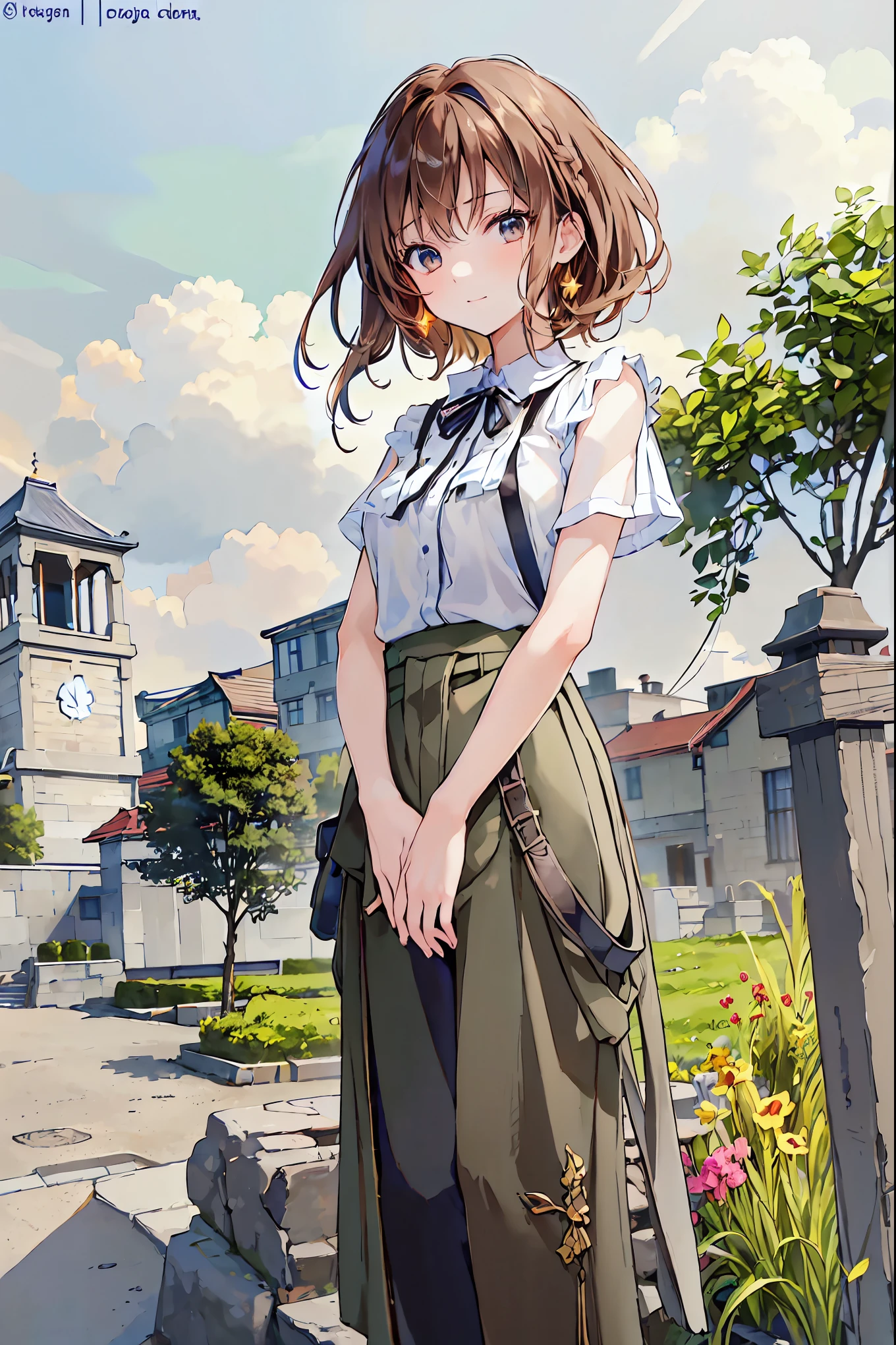 ((masterpiece)), (Anime:1.5), (( best quality)), (RAW Photos:1.2), ( High Resolution :1.3), ( professional photography :1.2), ( chromatic aberration ), One Girl, (()), (Serious), (Beautiful brown eyes:1.3), viewers, Plain Shirt, O-ring, Messy Hair, medium hair , ( putting her hands inside her pants ), ((Take off your work pants)), 明るいBrown Hair, (Small breasts), Cute waist, Outdoor, ((Top of the big bell tower)),Brown Hair, shortcuts,My hair is messy,Short braided hair,Neat,Slender beauty,Hall々A positive attitude,Small breasts,Beautiful legs,Her enchanting grey-blue eyes shine like stars.,Vibrant colors, beautiful eyes,A delicate smile, textured skin, best qualityのものが最高, gentle and beautiful woman ,Anime風、