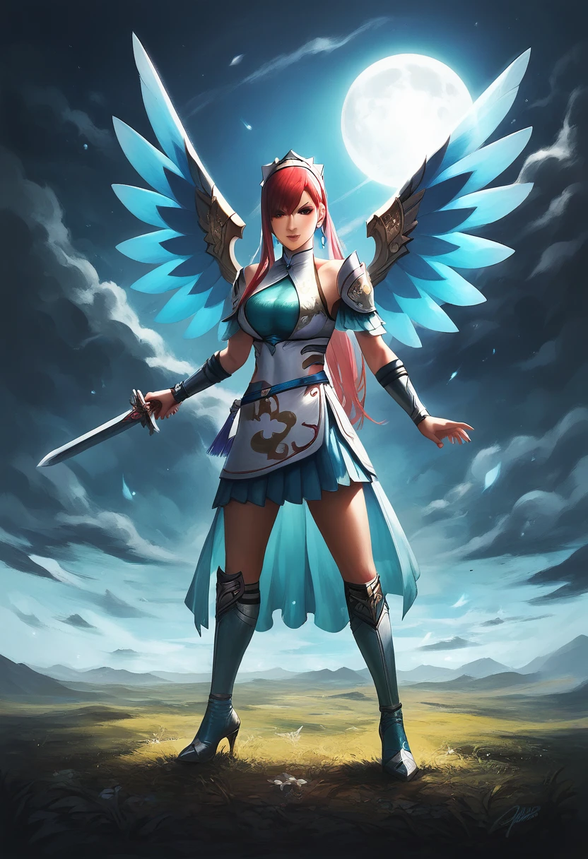 anime girl with wings and a sword in a fire, erza scarlet as a real person, the queen of blades, anime goddess, clothed in ethereal battle armor, female action anime girl