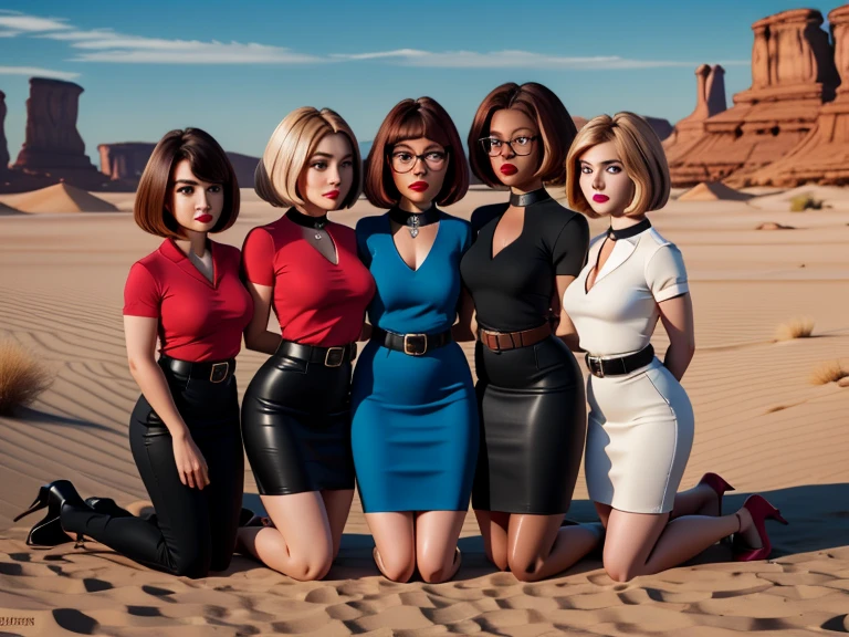 4girls kneels in a row, glasses, chubby, curvy, bbw, light hazelnut hair, bob haircut, blue eyes, full lips, dark red lipstick, white blouse with short sleeves,  kneelong red leather pencil skirt with black belt, black high heels, wide dog collar, background is in desert, high quality photography full body picture , ((((kneels)))), ((((arms behind back)))), ((((ankles bound together)))). Arabs with weapons stand next to the woman,