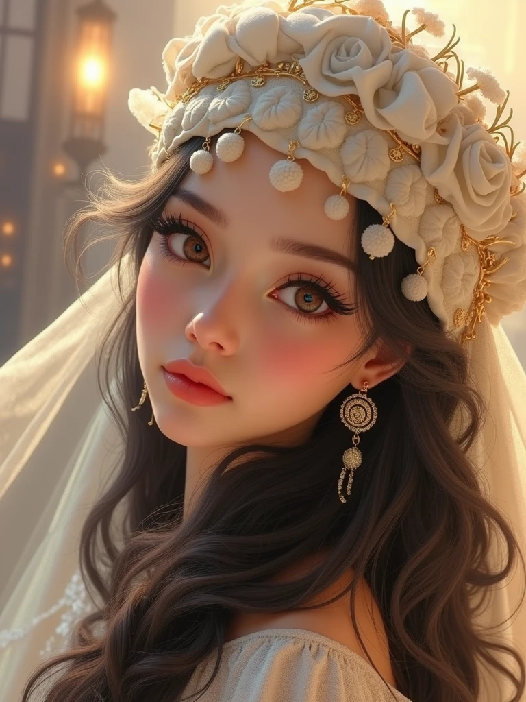 1 girl, upper body shot, detailed face, cute face, peach skin tone, smooth skin, blush red cheeks and face, light smirk, long curly hair, attractive makeup, heavy makeup, long eyelashes, long eyeliner, excessive eye makeup, black smokey eyeshadow, heavy eyeshadow, glossy baby pink lipstick, glossy lips, heavy makeup, wedding gown, shoulderless, long separate sleeves, lace veil, soft light