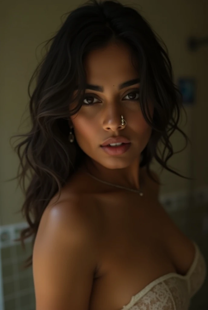 (Masterpiece, best quality, photorealistic, high res, photography, :1.3), very close-up shot, sharp focus, 1 brunette girl, African American girl, (((dark skin))), (((nude))) hot model, midriff, highly detailed eyes and pupils, realistic skin, slim body shape, cleavage, extremely detailed tom boy pixie haircut, delicate face, sensual gaze, shiny lips, ((topless)), outdoor, ((realistic, super realistic, realism, realistic detail)) complete full body pussy vagina hoop earrings, necklace, bracelets, necklace