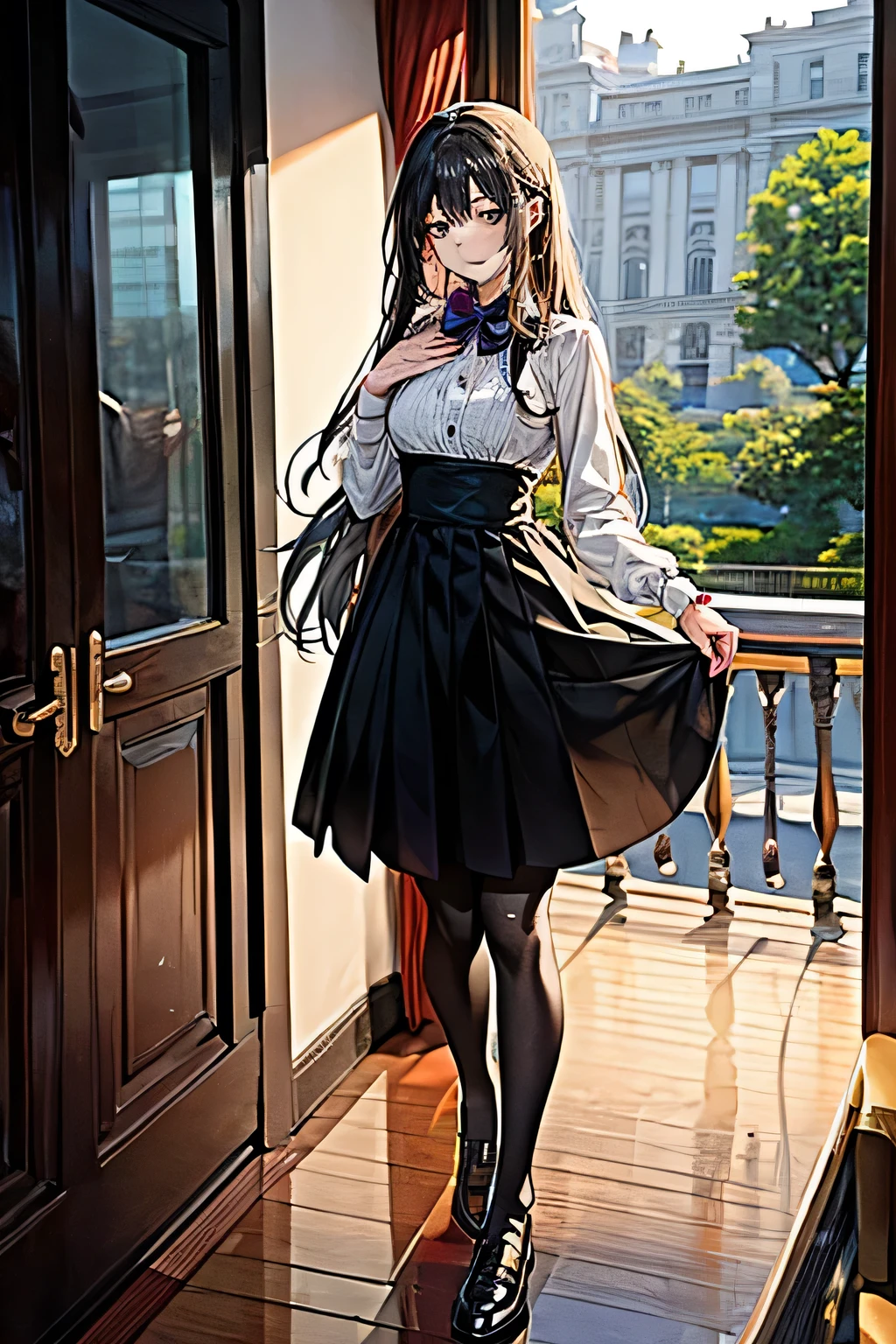 A 23 year old woman . The face features of the character , has large and bright eyes , Wearing a red tight-fitting dress 。 reveals black stockings or leggings ,Lip detail ,Slightly raised ,Adds to her charm。
Slim and well-groomed , which matches the typical anime style 。 Her posture is elegant , shows her slim and slendegure 。
, The face features of the character Exquisite , looks very elegant 。 with a golden floral pattern on the back and shoulders , on the side of the dress 。 One leg raised on a higher step , added a high slit 。
Her long hair is black , in preparation for the stairs , The hairstyle is simple but elegant 。 One leg raised on a higher step , goes well with the outfit 。
with metal railing and large windows , The sophistication of the overall look , shows a sense of movement , May be a dynamic pose for the character 。
The color of her eyes corresponds to the red of the clothing {x} on her wrist A gold-colored bracelet or watch {x} shows intense sunlight shining in from the outside {x} The background shows the interior space of a modern building, Disposal on the back and shoulders , allows natural light to enter 。 with shadows on the steps , Her expression is confident and with a smile 。