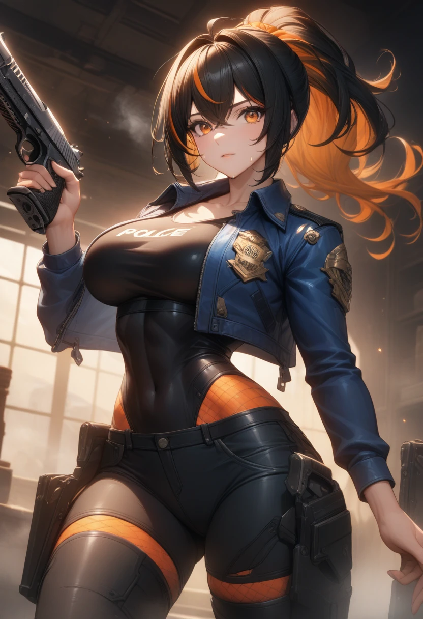 masterpiece,best quality,high resolution,8k,ultra HD,wallpaper,illustration,perfect face,cowboy shot,beautiful detailed eyes,extremely detailed face,perfect lighting,extremely detailed CG,perfect anatomy,perfect body,perfect hands,perfect fingers,1woman,full body,,muscle fighter body,(black long ponytail hair with orange mesh line hair:1.2),orange eyes,large breasts,Medium ass,,(blue open police jacket inner white shirt),black short hot pants,clothed,,collarbone,,looking at viewer,(silver desert eagle),Steam,sweat, home,(Zenless Zone Zero character Zhu Yuan),adult,bring one's desert eagle to the ready,running gun shoot,