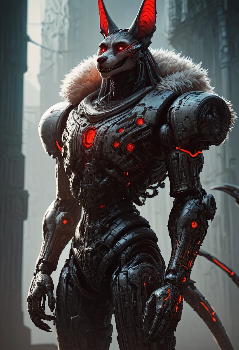 gigerworld, anthro jackal, heavy armor, demonic, red glowing eyes, robotic joints, intelligent, robotic parts, mechanization, fur mantle on shoulders, score_9, score_8_up, score_7_up, score_6_up, score_5_up, score_4_up,