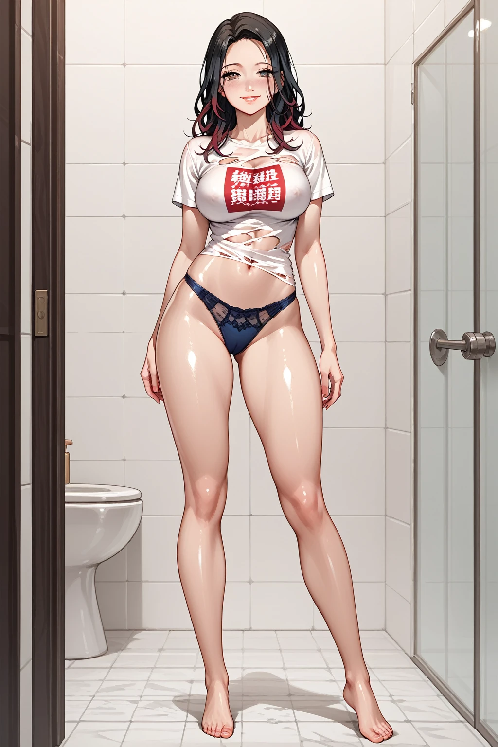 Nezco Kamado  (Demon Slayer),long hair. sexy, smile, long hair ,  BIG BREASTS, beautiful legs, thick thighs, half-closed eyes ,((( wears a ripped white t-shirt + dark blue panties))) smile.Alone, perfect anatomy ,  shiny oily skin . Full Legs.(  Pose standing in the bathroom ).She's in the bathroom .vivid colors. detailed. perfect body, global light.
