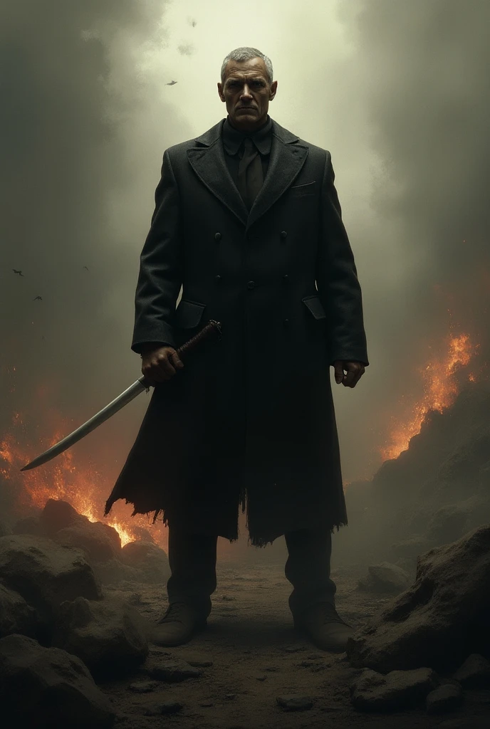 imaginar: closeup of a silhouette of a shirtless young villain, in black pants and black overcoat, his body imbued with fire and dark mist. Ao fundo, They have the destruction of a city and a dark black mist surrounding the place, Fire on the Ground