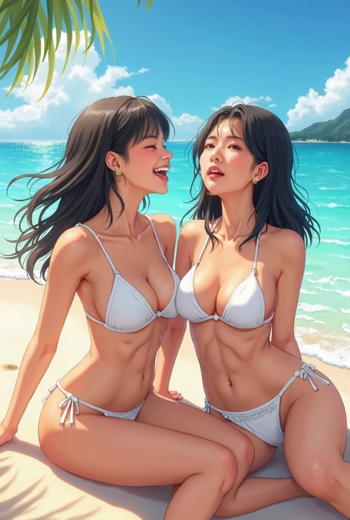 ((lesbian:1.2)), ((Yuri:1.2)), ((homossexual)), ((corpo todo)), ((nsfw:1.2)), (Obra de arte:1.3), (melhor qualidade), (CG extremamente detalhado, ultra-detalhado, melhor sombra), ((profundidade de campo)), (extremamente fino e lindo), (detalhes perfeitos), melhor qualidade, aesthetics, arte oficial, ((detalhes intrincados)), fundo detalhado, ((pele detalhada)), ((cabelo detalhado)),
((2 garota:1.2)), ((meninas lobo)),
(Ombros nus), (pernas nuas), (bare arms), (mamilos erguidos), (visible legs), (visible feet),
sorridente, visible teeth, feliz, ((rubor)), ((olhando para o espectador)), (lust), ((black bikini)),
(pele escura), ((pele marrom:1.1)), ((bronzeado:1.2)), (bronzeadoned:1.2), corpo em forma, ((Messy hair)), barefoot, ((medium breasts)), (cabelo preto), ((tatuagem)), orelhas longas de lobo, caudas de lobo, Modelo,
((arco de cabelo)),
(corpo molhado:0.9), ((cabelo molhado)),
Two meninas lobo on the beach touching each other, Water, natureza, ilha deserta, animais selvagens, Palmeiras, Rochas,
summer, blue sky, sol, sollight, raio de luz, solshine, sombreamento,