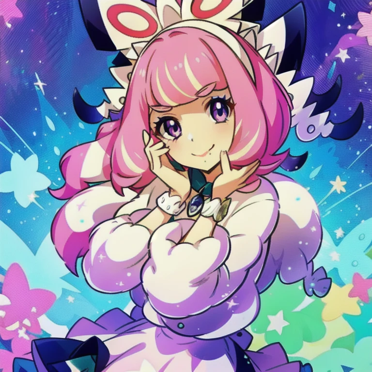 klara(pokemon), looking at viewer, mole, 1girl, pink lips, jacket, purple gloves, pink hair, hands on own face, closed mouth, smile, hands on own cheeks, jewelry, eyeshadow, makeup, eyelashes, solo, white jacket, gloves, shaded face, dynamax band, pink eyeshadow, hair bow, purple eyes, mole under mouth, hands up, single glove, upper body, bow, bracelet,none