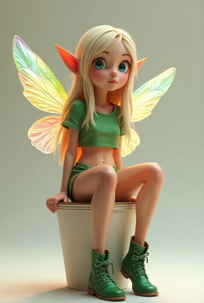 niji style, 1 elven girl, solo, full body, A small-sized elf with transparent wings that shine with the rainbow color is sitting on the Paper cup with lid, looking up at the viewer and smiling. long blonde hair, Azure big eyes. green short puff sleeve cropped shirt, green low rise shorts that expose the groin, green lace-up boots