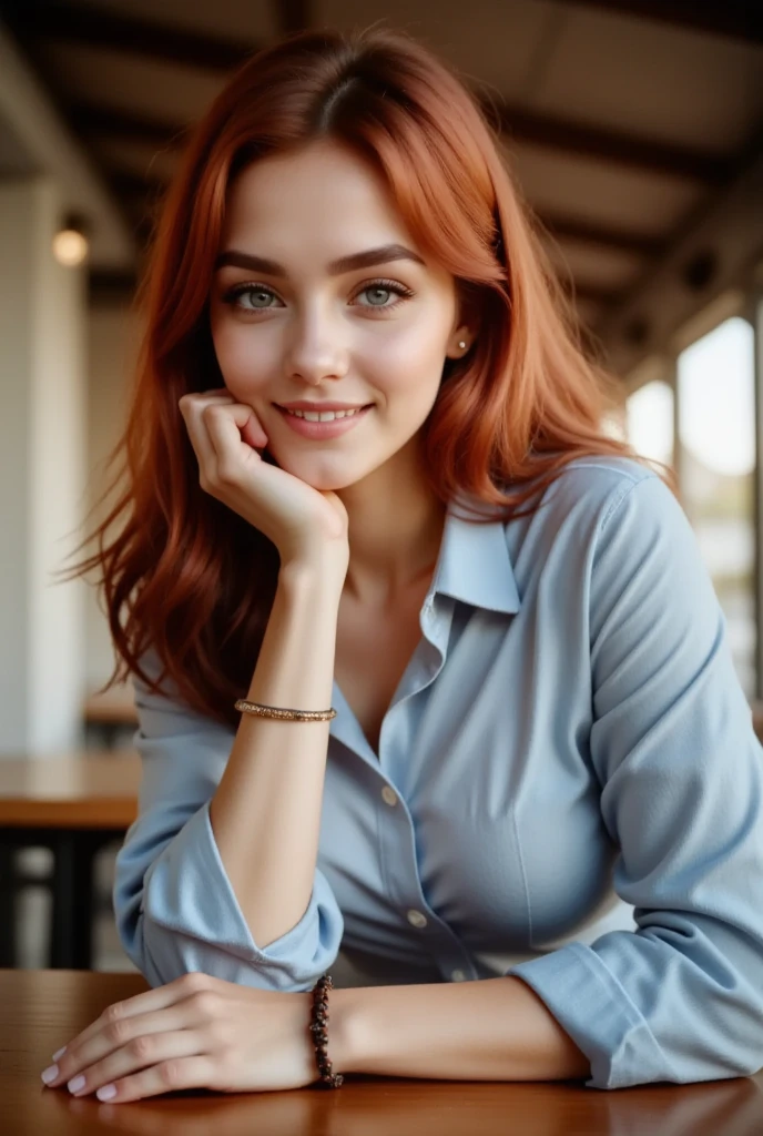 This is a  photograph of a woman named maia with a fair complexion and long, wavy red hair that cascades over her shoulders. She has striking blue-green eyes accentuated with dark eyeliner and mascara, and her lips are painted a natural pink. She is leaning forward, resting her chin on her right hand, which is placed on a wooden table. Her left hand is also resting on the table, adorned with a brown beaded bracelet. She is wearing a light blue, long-sleeved button-up shirt made of a soft, slightly textured fabric, with the sleeves rolled up to her elbows. The shirt is slightly unbuttoned, revealing a glimpse of her collarbone. The background is blurred, suggesting an outdoor setting with a wooden structure overhead, possibly a cafe or restaurant. The lighting is natural, likely from the sun, casting a soft, warm glow on her face and the surrounding area. The overall mood of the image is relaxed and intimate, with a focus on the subject's serene expression and natural beauty.