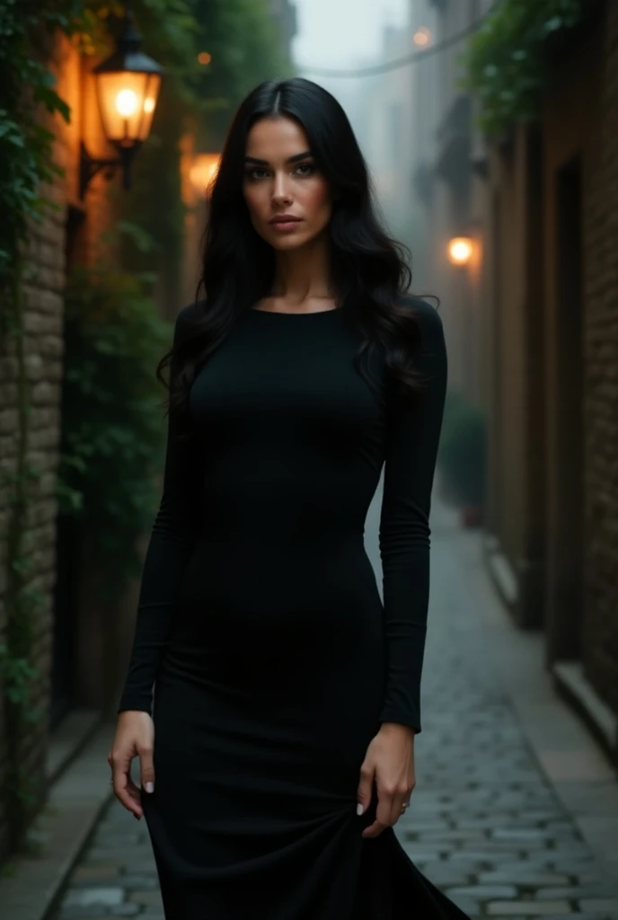 ((best quality)), ((masterpiece)), (detailed), perfect face, black hair, long black hair, curly hair, brown eyes, wide eyes, thin body, black dress,