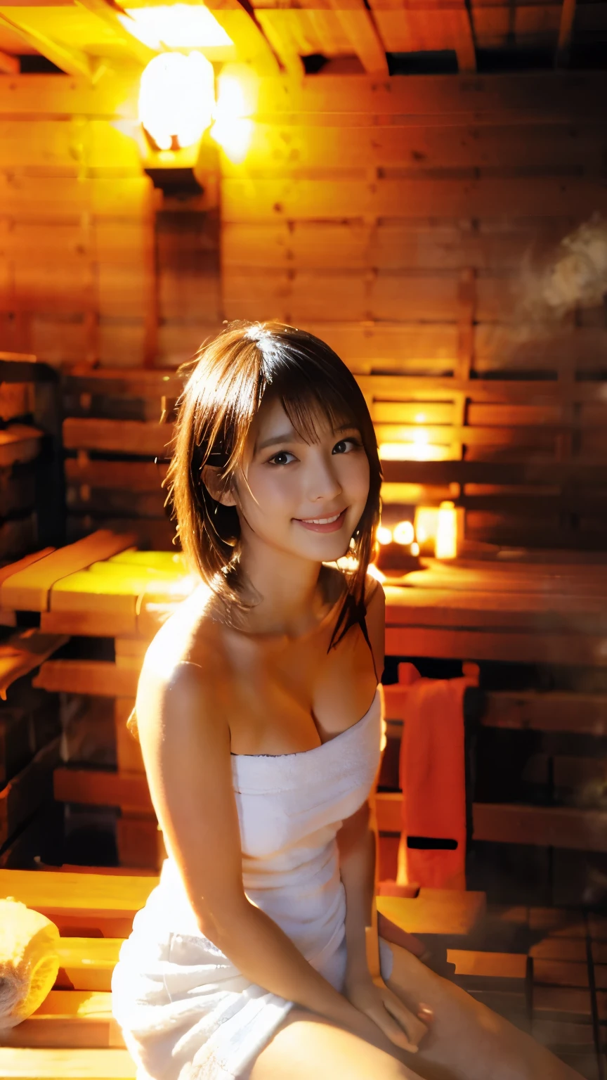 (1 Female only):1.5, (sauna:1.3), (whole body:1.3), (bun hair, dark brown hair), (highest quality, Photoreal:1.4, table top:1.3, RAW photo:1.2, cinematic light, highly detailed illustrations), (A very carefully drawn face, Super beautiful maid, super delicate eyes, super detailed stuffy nose, super detailed mouth, highly detailed facial features, Super detailed body, hip details, Detailed thighs), (small breasts:1.3), from the front, show cleavage, (A long dress made of very dense towel fabric.:1.3, strapless), (sweat a lot), (sitting on a wooden bench), leaning forward, smile:0.8, Light and shadow