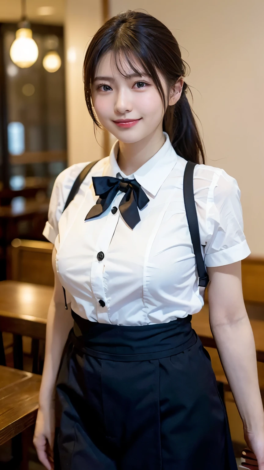 (8k, RAW Photos, Highest quality, masterpiece:1.2), (Realistic, photo-Realistic:1.37), Very detailed, 1 girl,cute, alone,Beautifully detailed skies,Detailed Cafe,night,Sitting,Date,(Red nose),(smile:1.1),(Mouth closed),Large Breasts, seductive smile, Large opening, Professional Lighting, Sony A7R4, Zesse 50mm F1.8, Medium chest,Beautiful attention to detail,(Collared shirt:1.1), bow tie,Pleated skirt,(short hair:1.2),Floating Hair