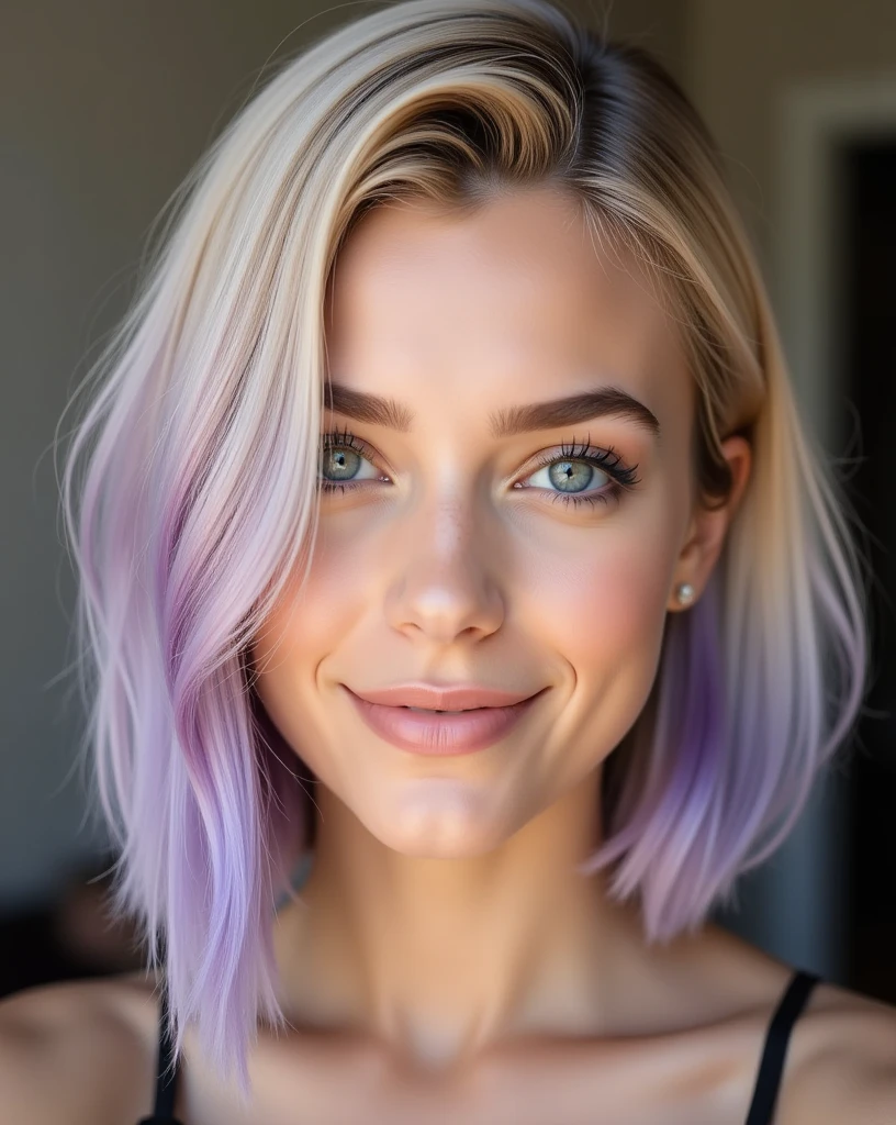 Close-up portrait of a young woman with a distinctive hairstyle:

Style: Asymmetrical medium-length bob
Length: Chin-length on the left side, gradually lengthening to shoulder-length on the right side
Bangs: Straight and full, falling just above the eyebrows
Texture: Smooth and glossy
Base color: Cool ashy blonde
Color detail: Subtle lavender highlights evenly distributed
Styling: Hair parted in the center, slightly wavy at the ends
View: Three-quarter angle, clearly showing the asymmetry of the cut
Expression: Confident gaze with a slight smile
Lighting: Soft natural light to highlight the color reflections
Background: Neutral and blurred to make the hair stand out

Image style: Photorealistic, high-definition, like a professional fashion photograph