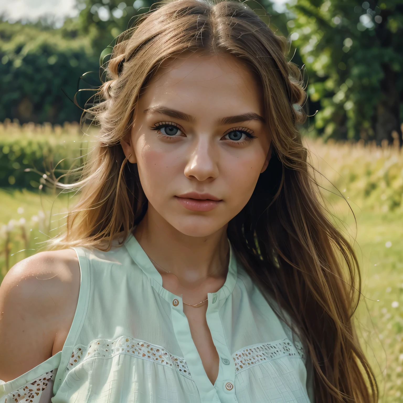 (Photo of a 20-year-old lady named Helena Ava Isemann, Deutsch), runny, langes braunes Haar, lockig, gewelltes Haar, (((braune Augen))), ultra quality, Detaillierte Hautporen, gefettete Haut, Komplizierte Augendetails, Mittlere Nahaufnahme, Sommer, Sonnenlicht, ausgebreitete arme, Kopf nach hinten geneigt, Wearing a white summer dress, im hohen Gras am Strand