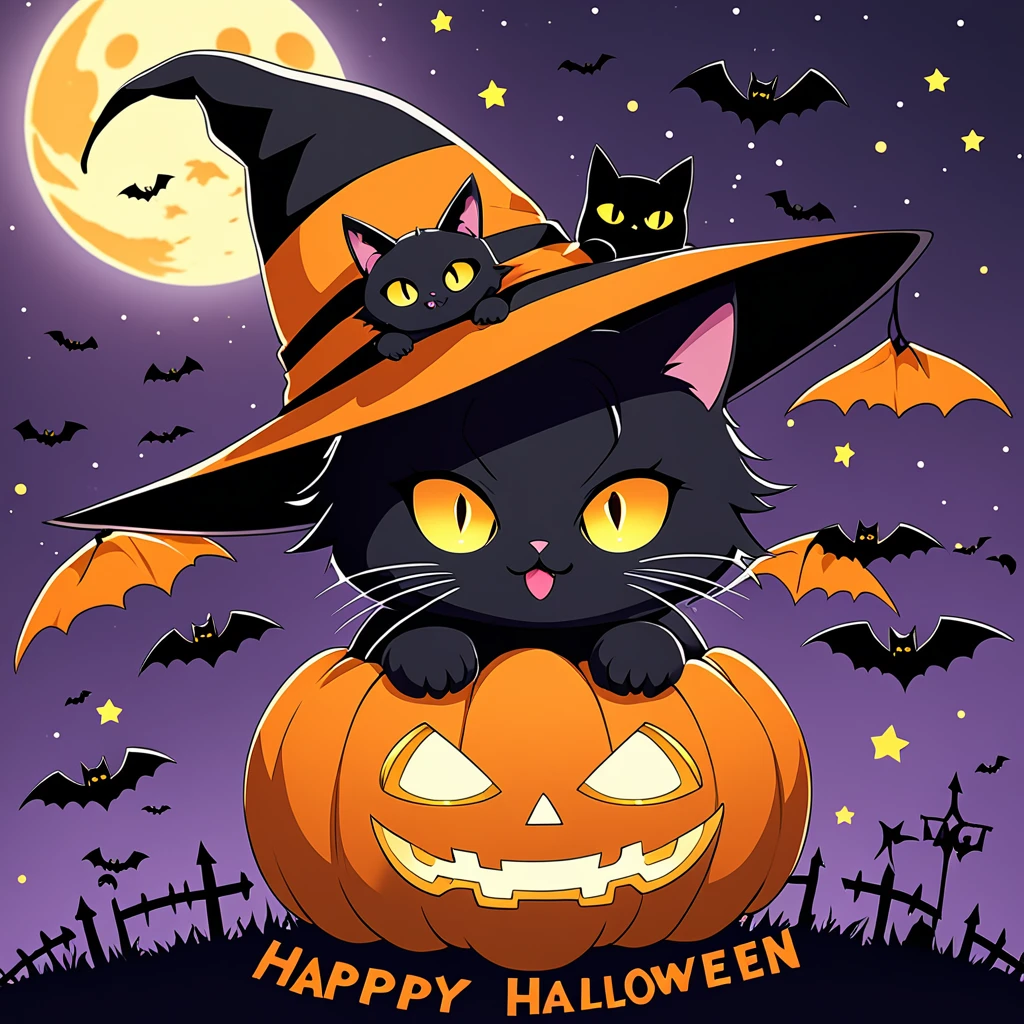 （masterpiece、high quality、High image quality、4K、8k）、 deformed、 illustration、Black cat with a black silhouette wearing a witch hat 、（Only the eyes shine）、 close-up 、Overlapping with the full moon 、 small jack-o-lanterns line up behind、Bats fly、「Happy Halloween」 written on it flutters in the wind、 Halloween art design poster 、 spooky Halloween 、Avatar、simple、simple picture 、 deformed、かわいい illustration
