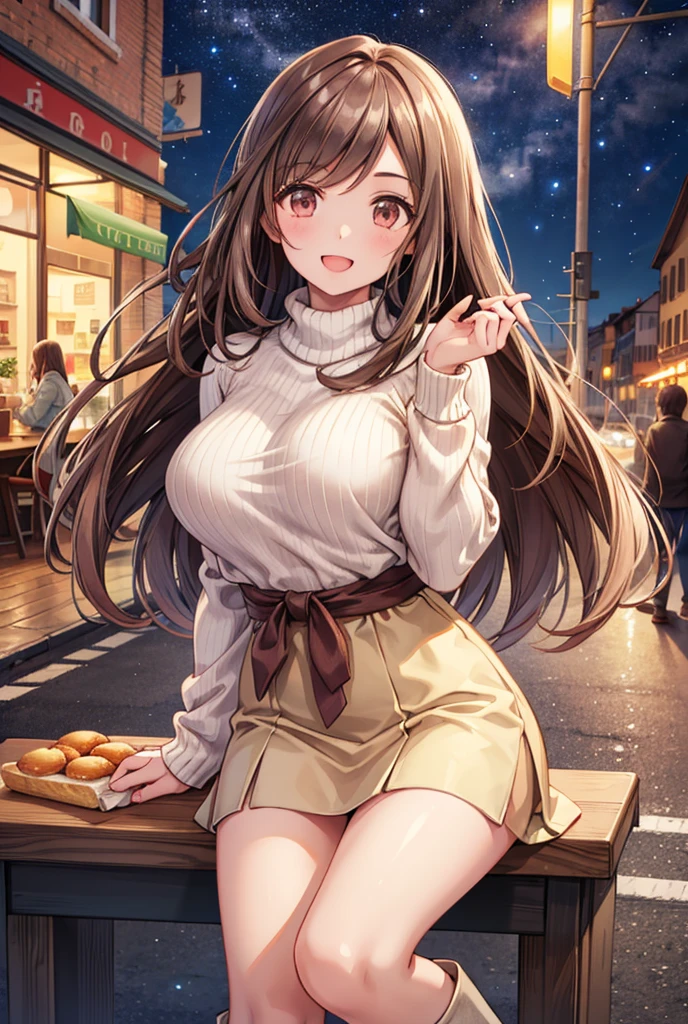  1 girl, solo,  High Resolution , Long Hair, ((Large Breasts)), smile,  brown eyes , Brown Hair, In the streets of Italy,  High Resolution , masterpiece, accurate,  full body standing picture depicting an anatomically correct , 最high quality,  detail, 高い detail,  high definition models, high quality,  very detailed,  textured skin,  ultra-fine, White knit sweater,  brown mini skirt ,  long boots for stepping on bread,  sit on a chair,  opens her mouth, Cooking on the desk, Emphasize the upper body, Italian cafe , night,Terrace seats, Starry Sky, Panty shot,